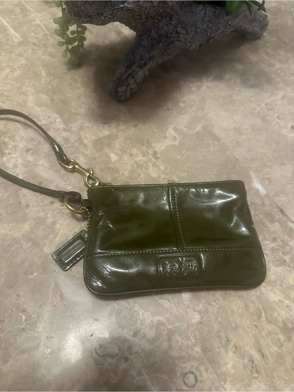 Vintage Coach Olive Green Patent Leather Wristlet Bag